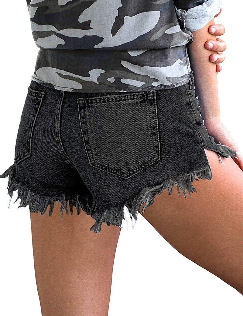 onlypuff Black Jean Shorts for Girls Pull on Shorts Distressed Ripped Denim Shorts Boyfriend Mï¼Œ - Image 3
